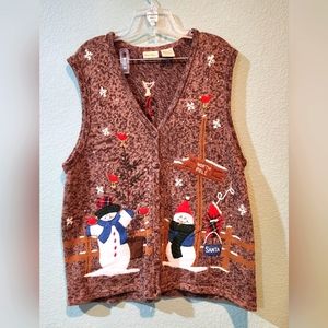 Vintag Bobbie Brooks Sweater Vest Sz XL 14/16 Winter Snowman Cardinal North Pole